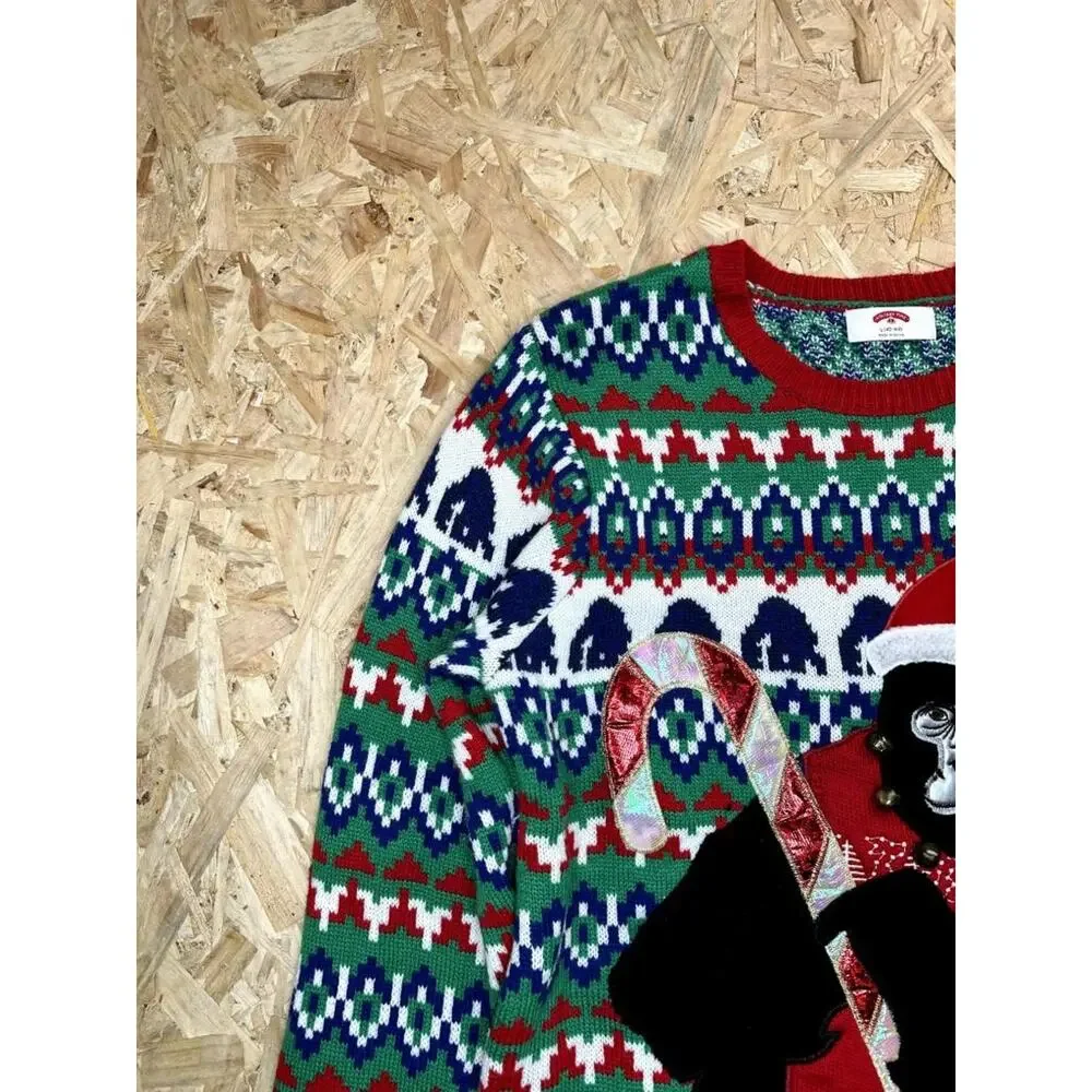 Holiday Time Ugly Christmas Sweater Mens Large Gorilla Santa Hat Candy Cane Knit